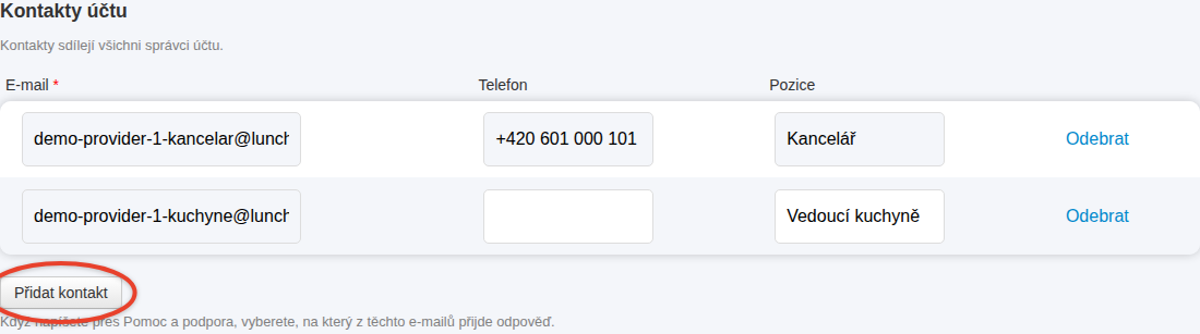 Sekce Kontakty účtu v profilu se dvěma kontakty a tlačítkem Přidat kontakt